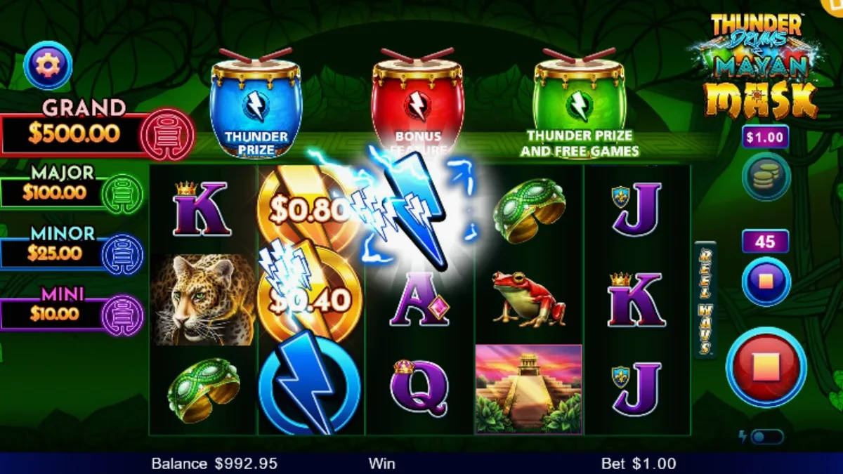 Cena de jogo do slot Thunder Drums Mayan Mask com temática de templo maia.
