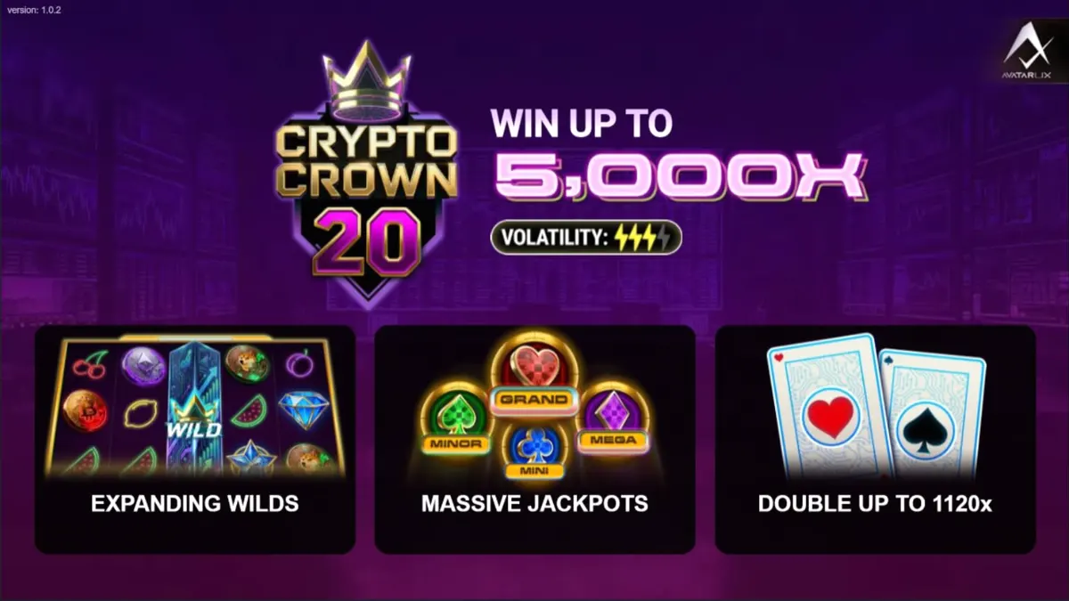 Interface do slot Crypto Crown 20 com símbolos de criptomoedas e frutas neon.