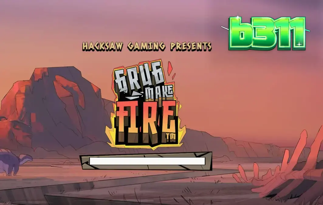 Grug, o homem das cavernas, em um cenário pré-histórico ígneo do slot Grug Make Fire